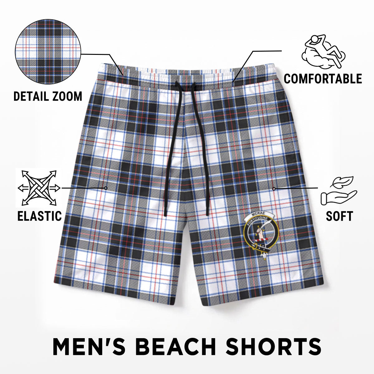 McRae Dress Modern Tartan Crest Men's Beach Shorts