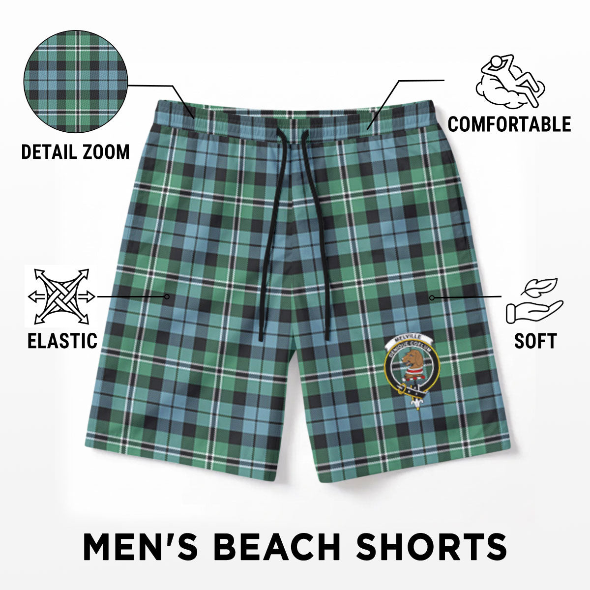 Melville Tartan Crest Men's Beach Shorts