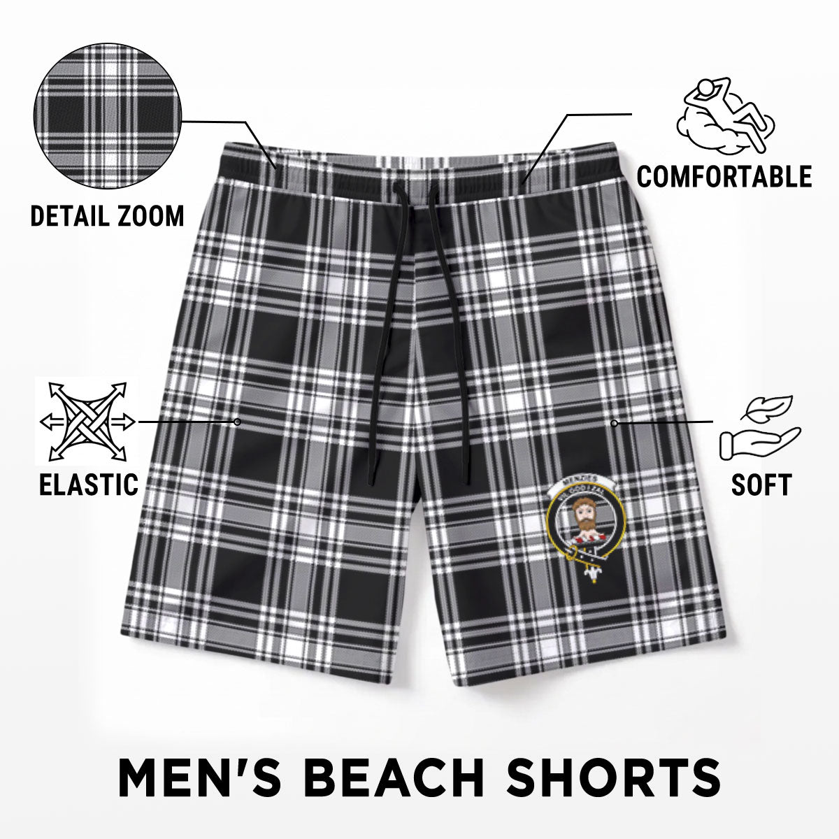 Menzies Black - White Modern Tartan Crest Men's Beach Shorts