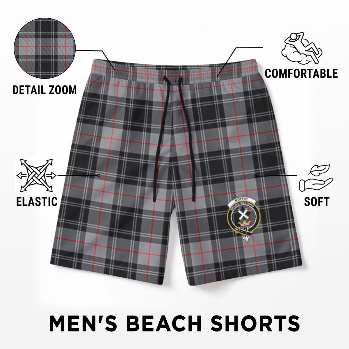 Moffat Modern Tartan Crest Men's Beach Shorts