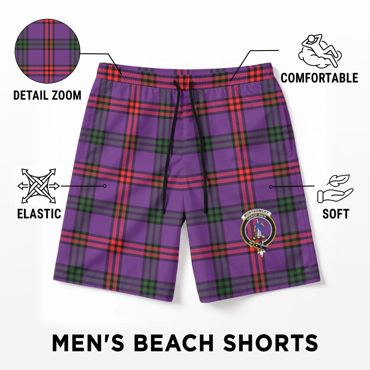 Montgomery Modern Tartan Crest Men's Beach Shorts