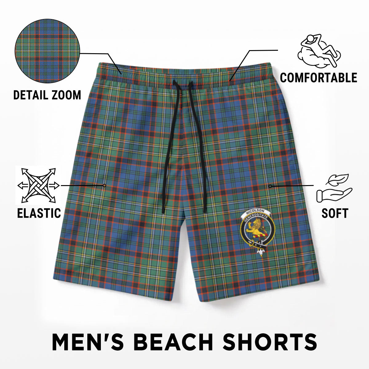 Nicolson Hunting Ancient Tartan Crest Men's Beach Shorts
