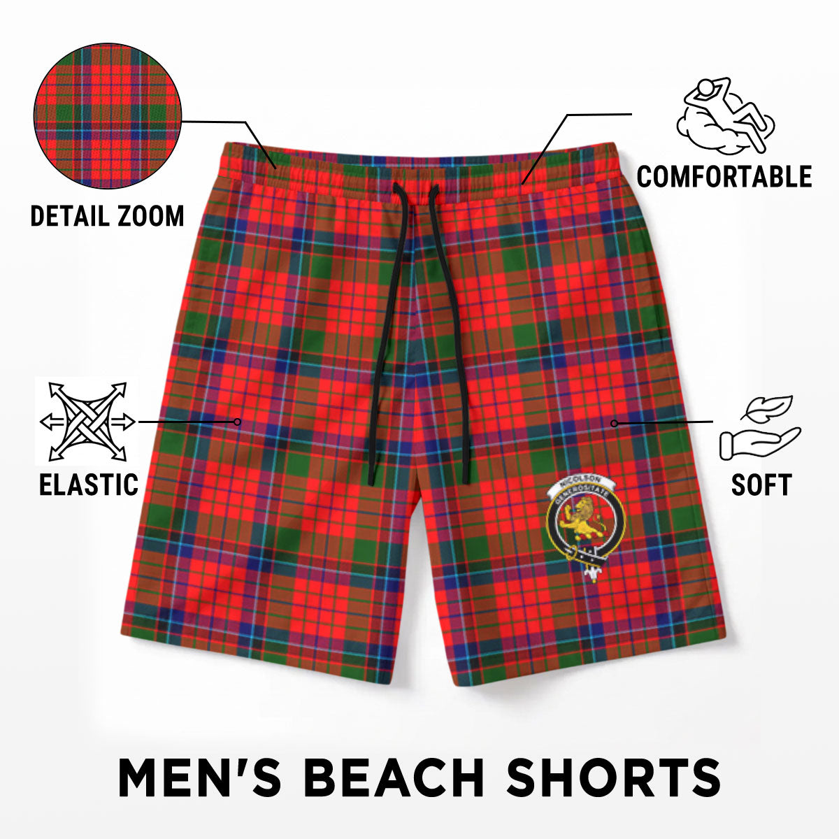 Nicolson Modern Tartan Crest Men's Beach Shorts