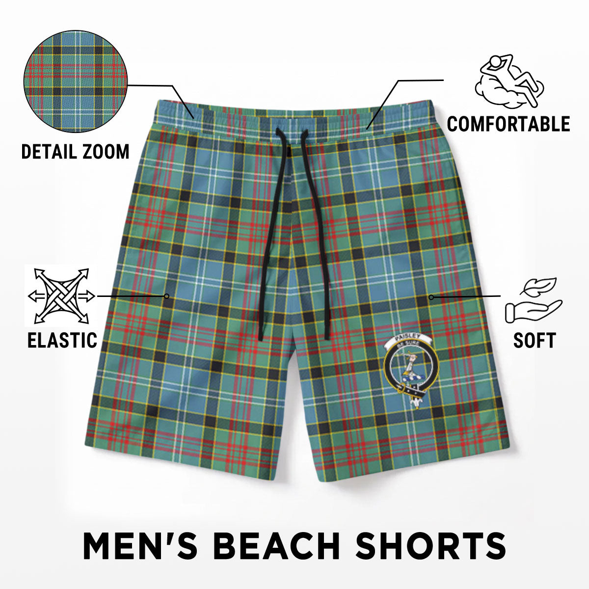 Paisley District Tartan Crest Men's Beach Shorts
