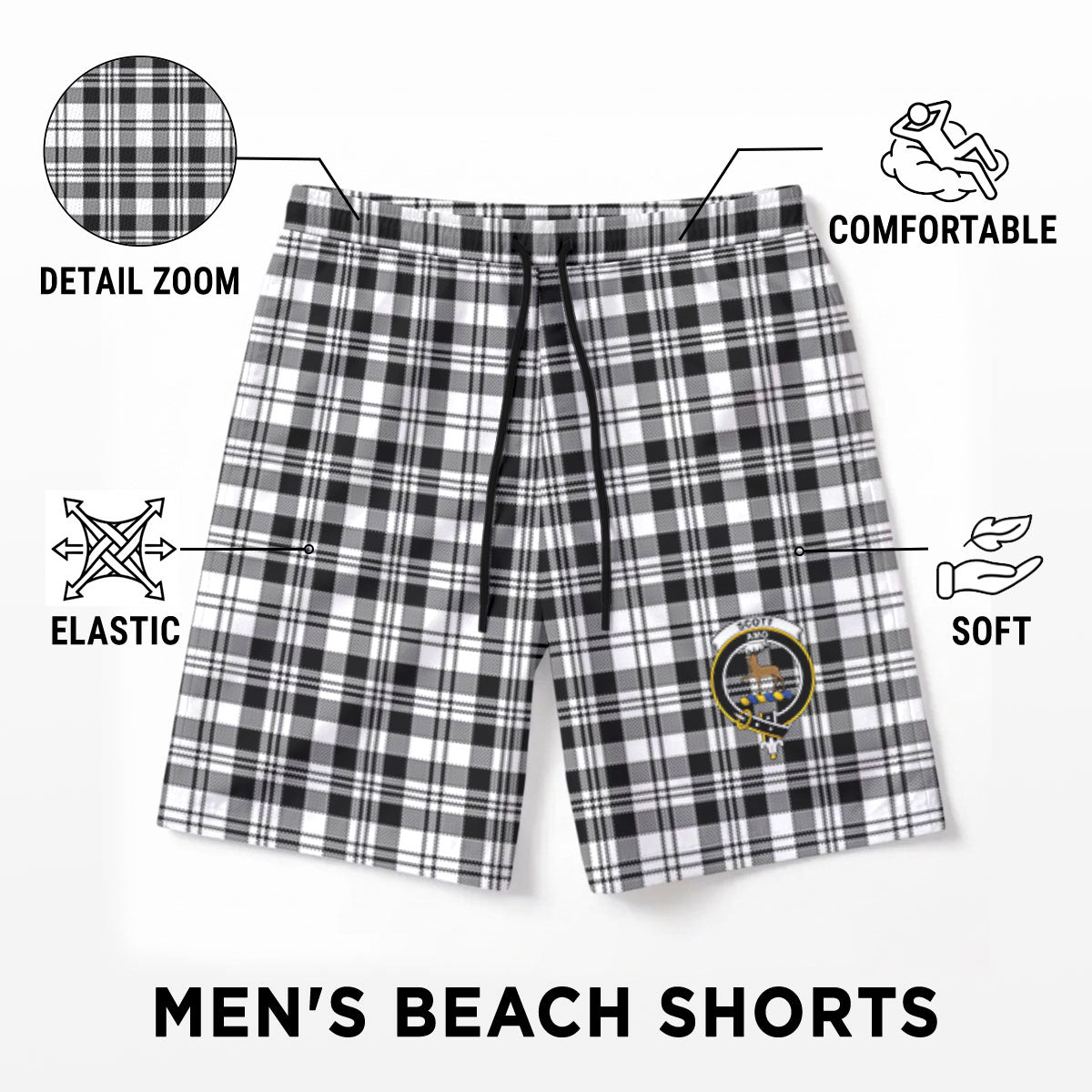 Scott Black & White Modern Tartan Crest Men's Beach Shorts