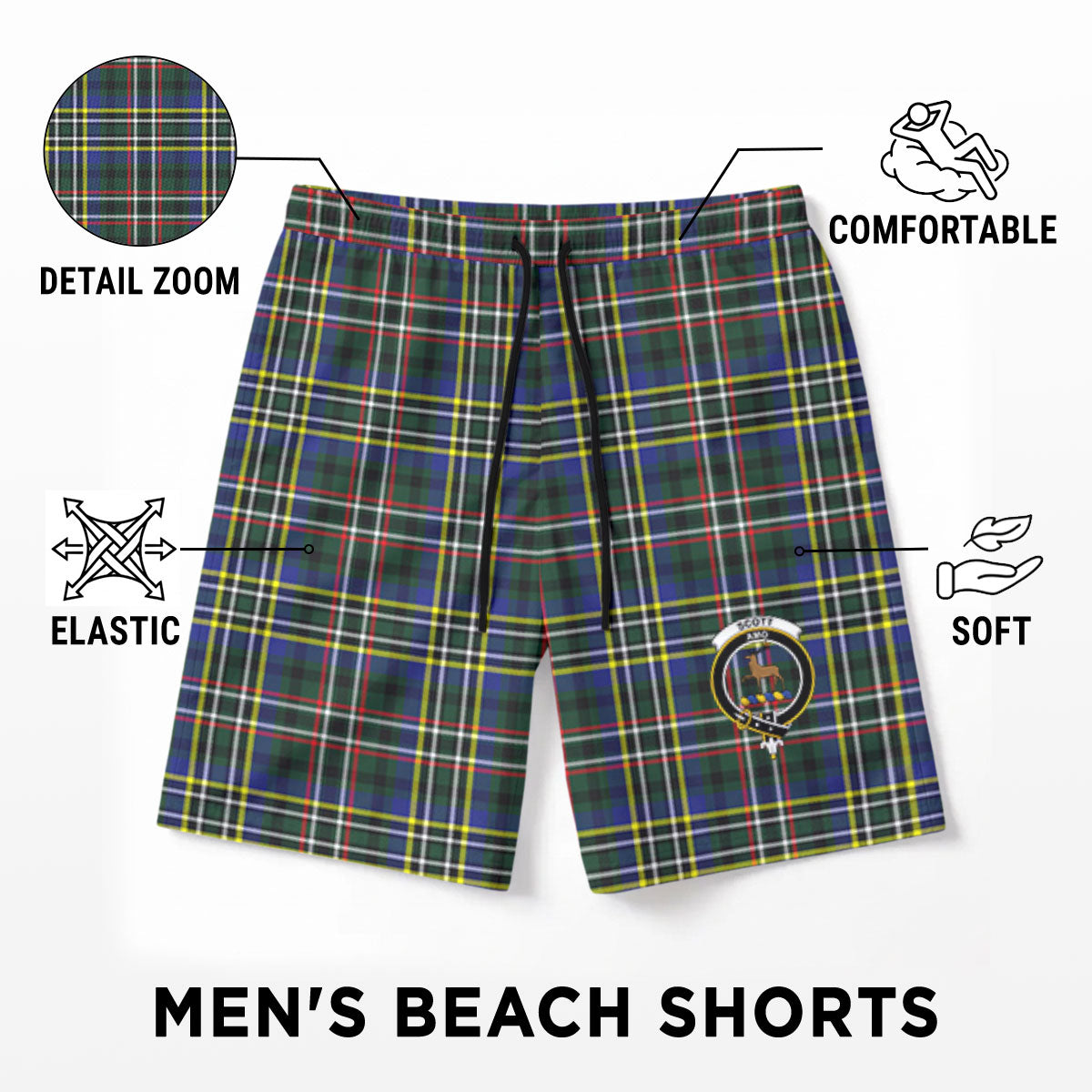 Scott Green Modern Tartan Crest Men's Beach Shorts