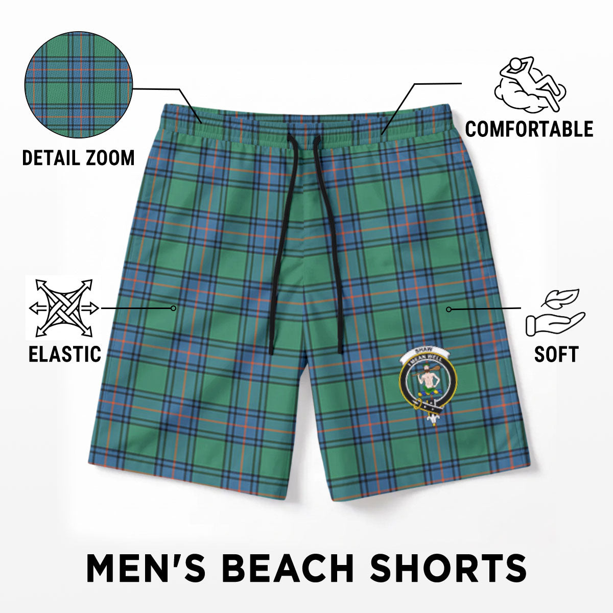 Shaw (of Sauchie) Ancient Tartan Crest Men's Beach Shorts