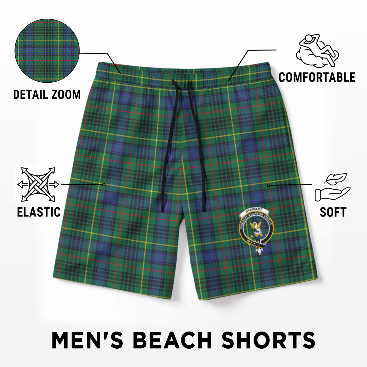 Stewart Hunting Modern Tartan Crest Men's Beach Shorts