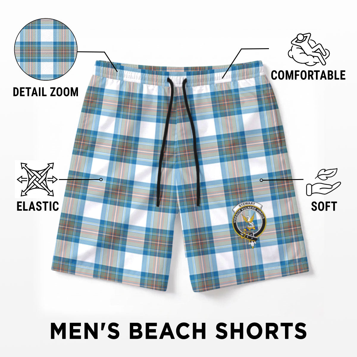 Stewart Muted Blue Tartan Crest Men's Beach Shorts