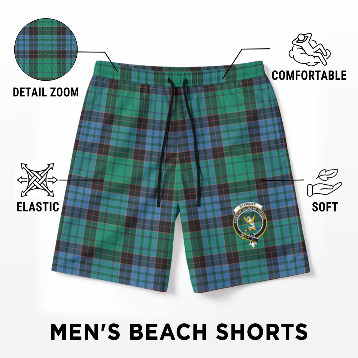 Stewart Old Ancient Tartan Crest Men's Beach Shorts