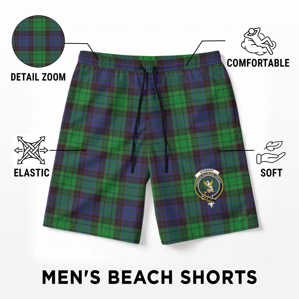 Stewart Old Modern Tartan Crest Men's Beach Shorts