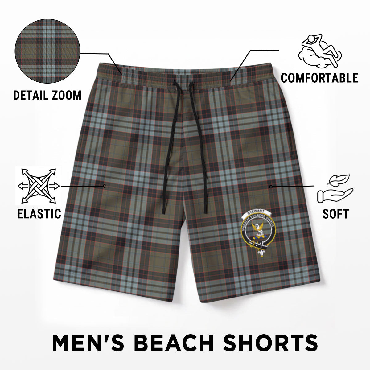 Stewart Old Weathered Tartan Crest Men's Beach Shorts