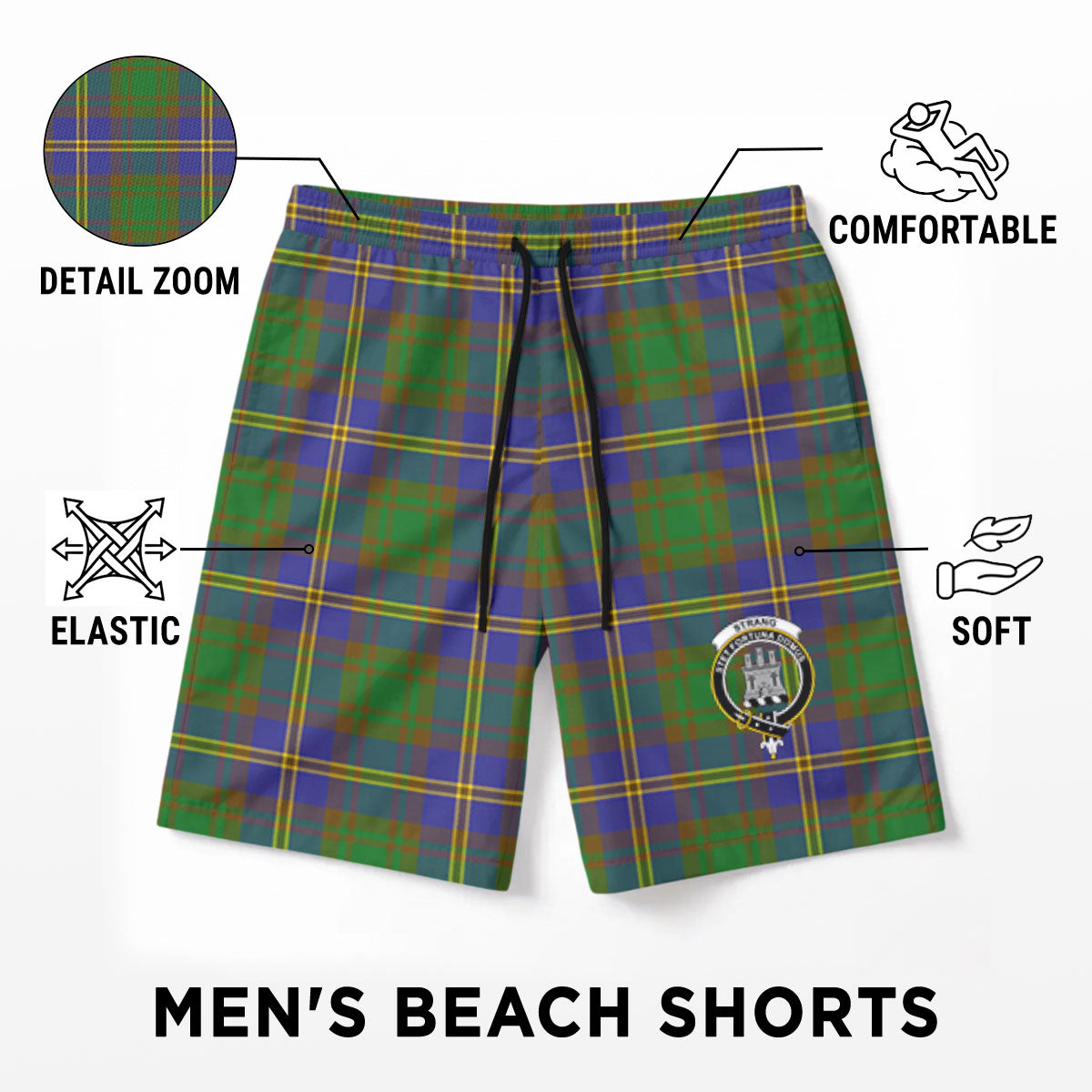 Strang (or Strange) Tartan Crest Men's Beach Shorts