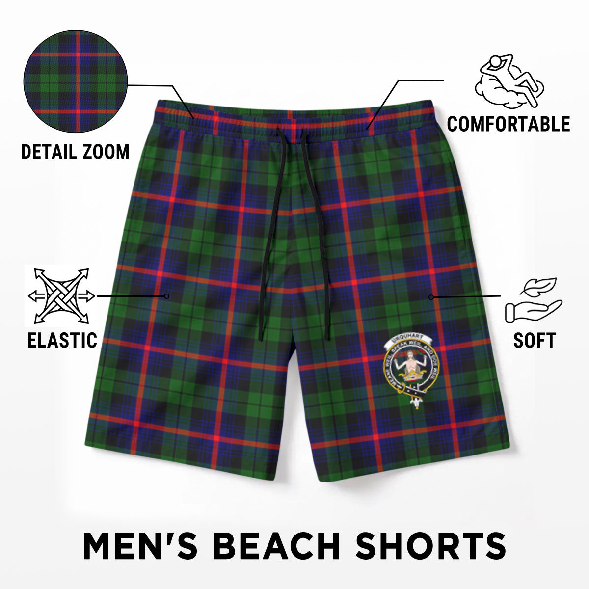 Urquhart Modern Tartan Crest Men's Beach Shorts