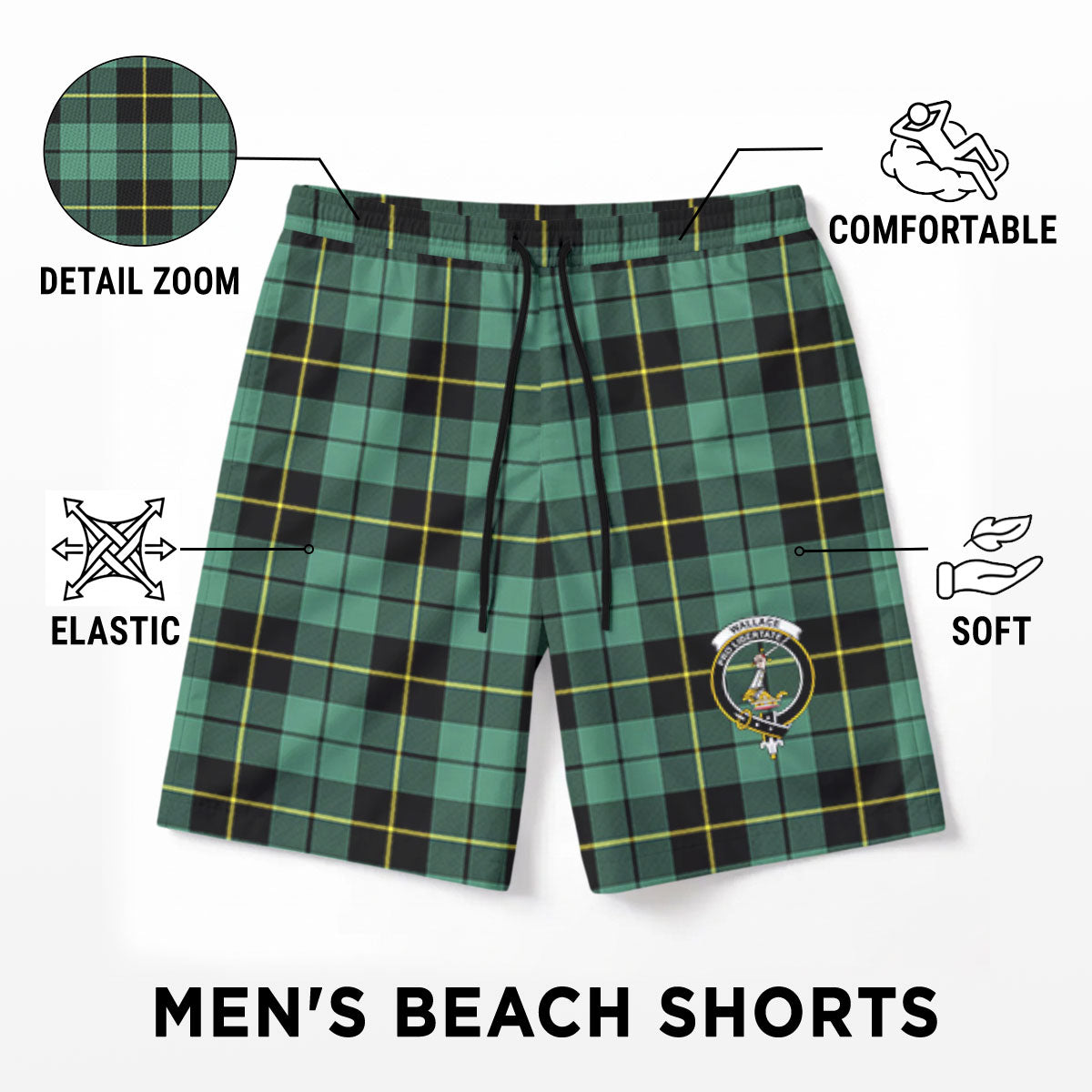Wallace Hunting Ancient Tartan Crest Men's Beach Shorts