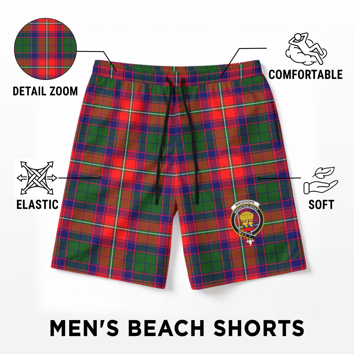 Wauchope (or Waugh) Tartan Crest Men's Beach Shorts
