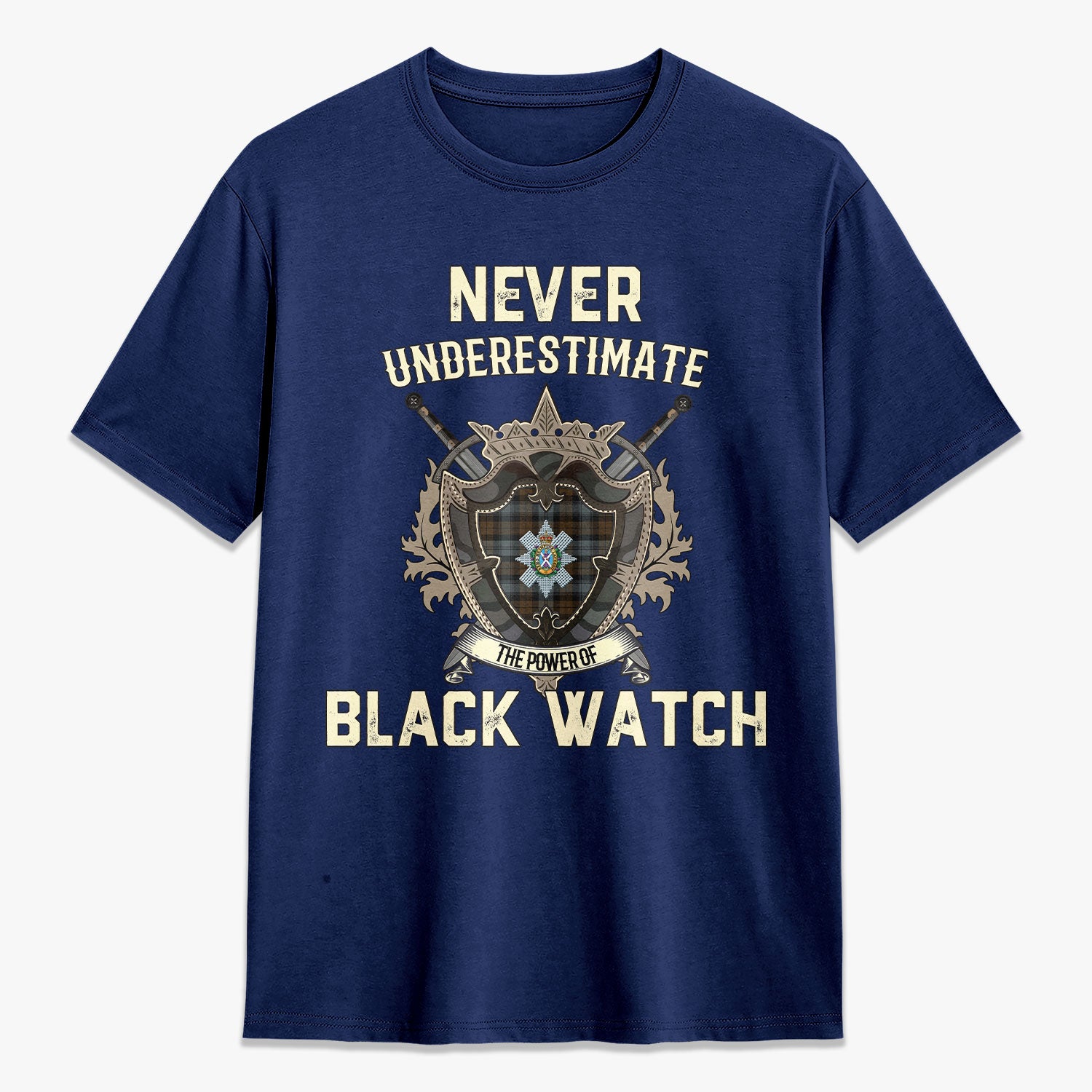 Black Watch Weathered Tartan Crest 2D T-shirt - Never Underestimate Style