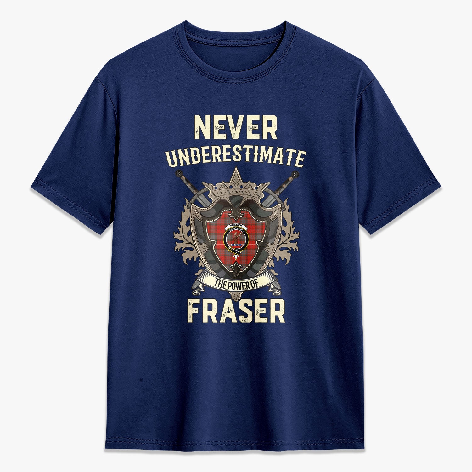 Fraser (of Lovat) Weathered Tartan Crest 2D T-shirt - Never Underestimate Style