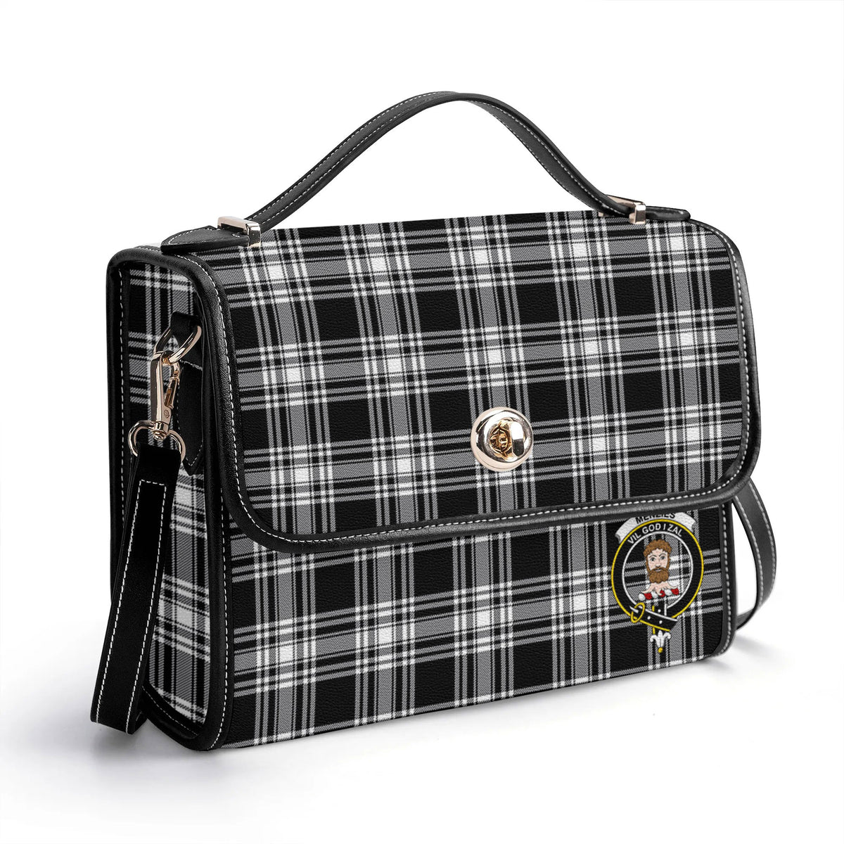 Menzies Black - White Modern Tartan Crest Satchel Bag
