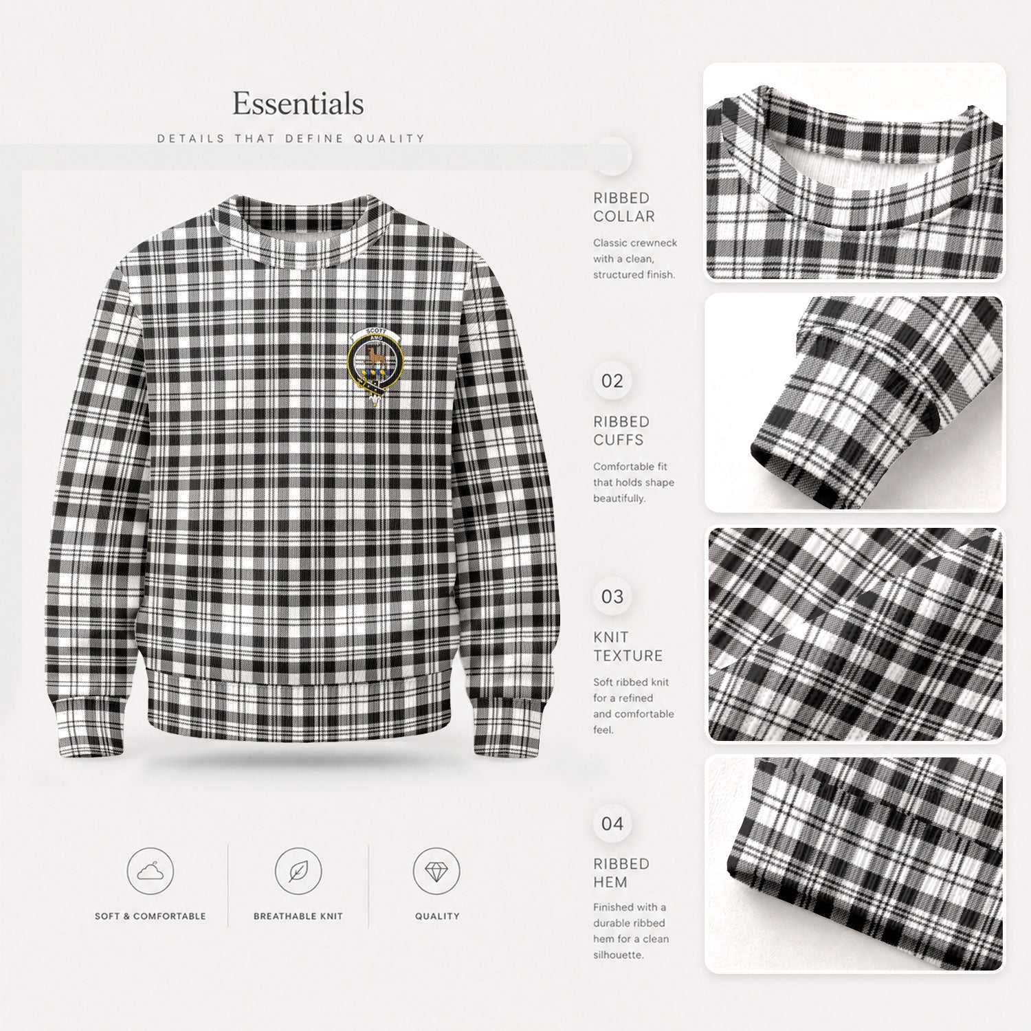 Scott Black & White Modern Tartan Crest Sweater