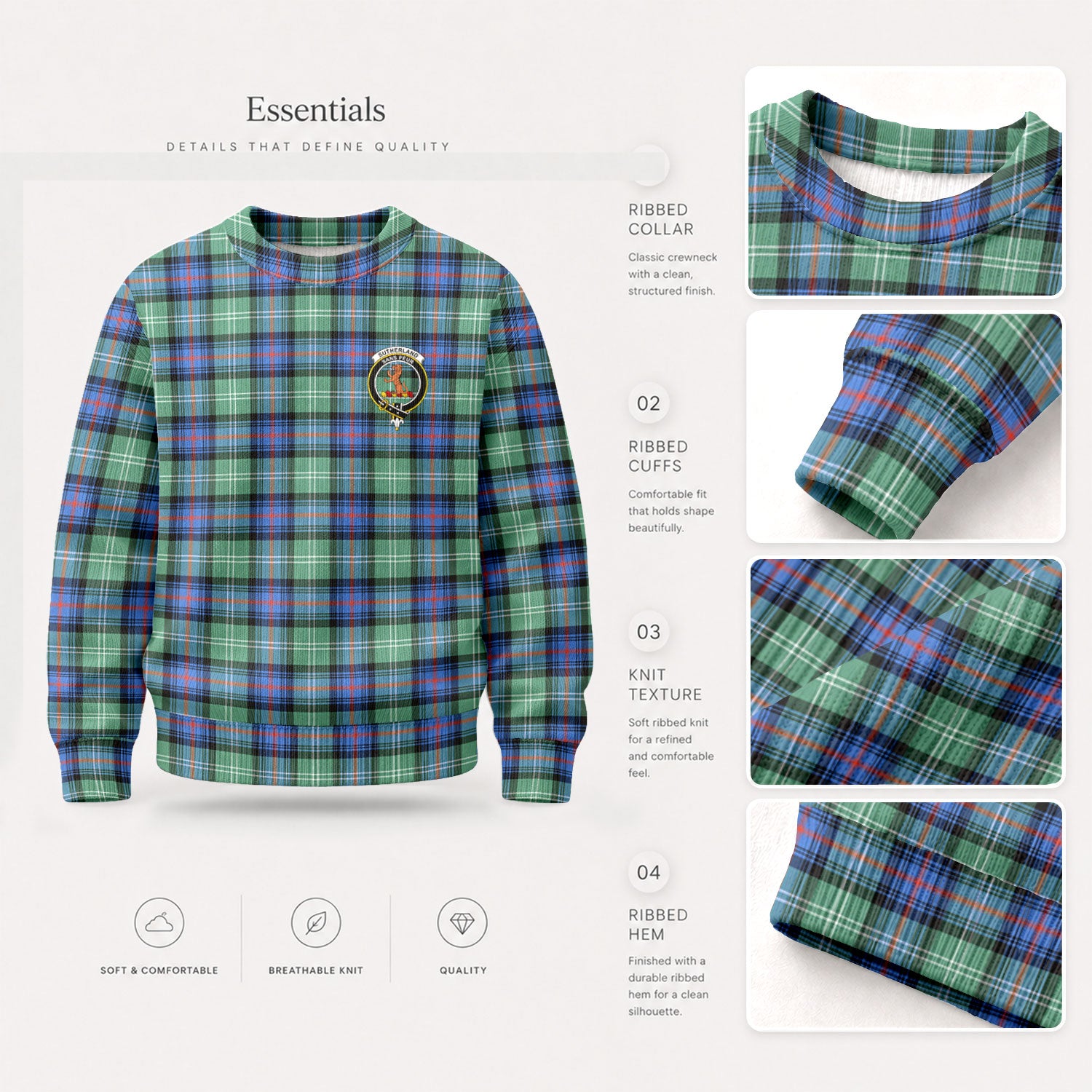 Sutherland Old Ancient Tartan Crest Sweater