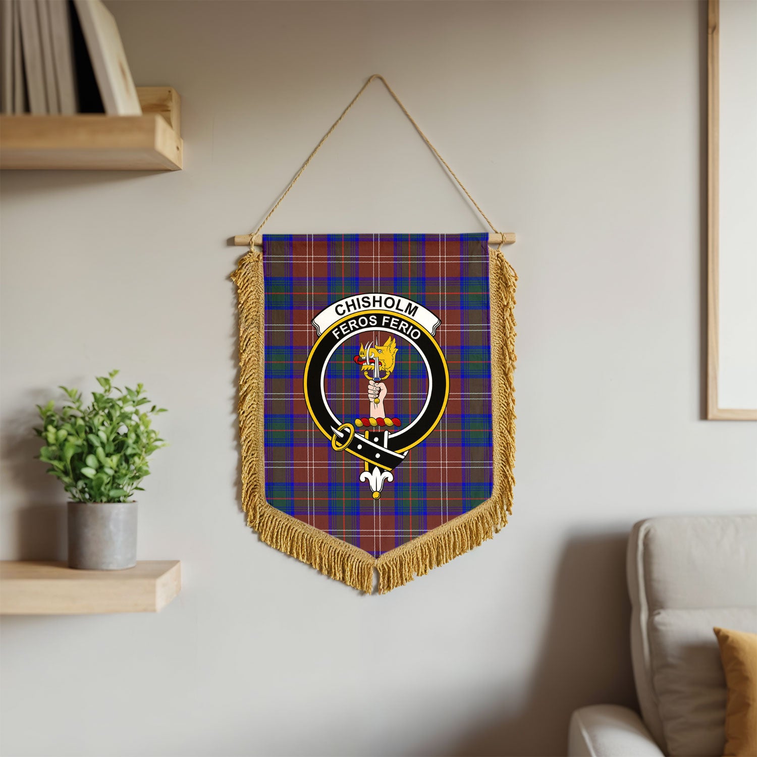 Chisholm Hunting Modern Tartan Crest Wall Hanging Banner - Wood Pole