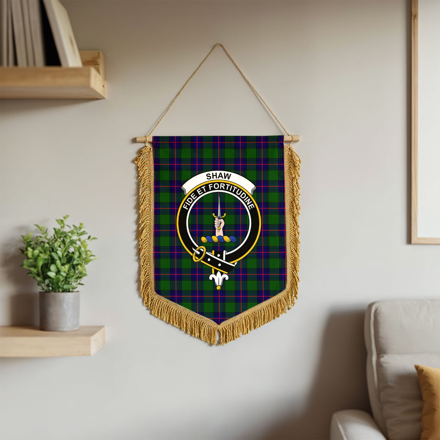 Shaw Modern Tartan Crest Wall Hanging Banner - Wood Pole