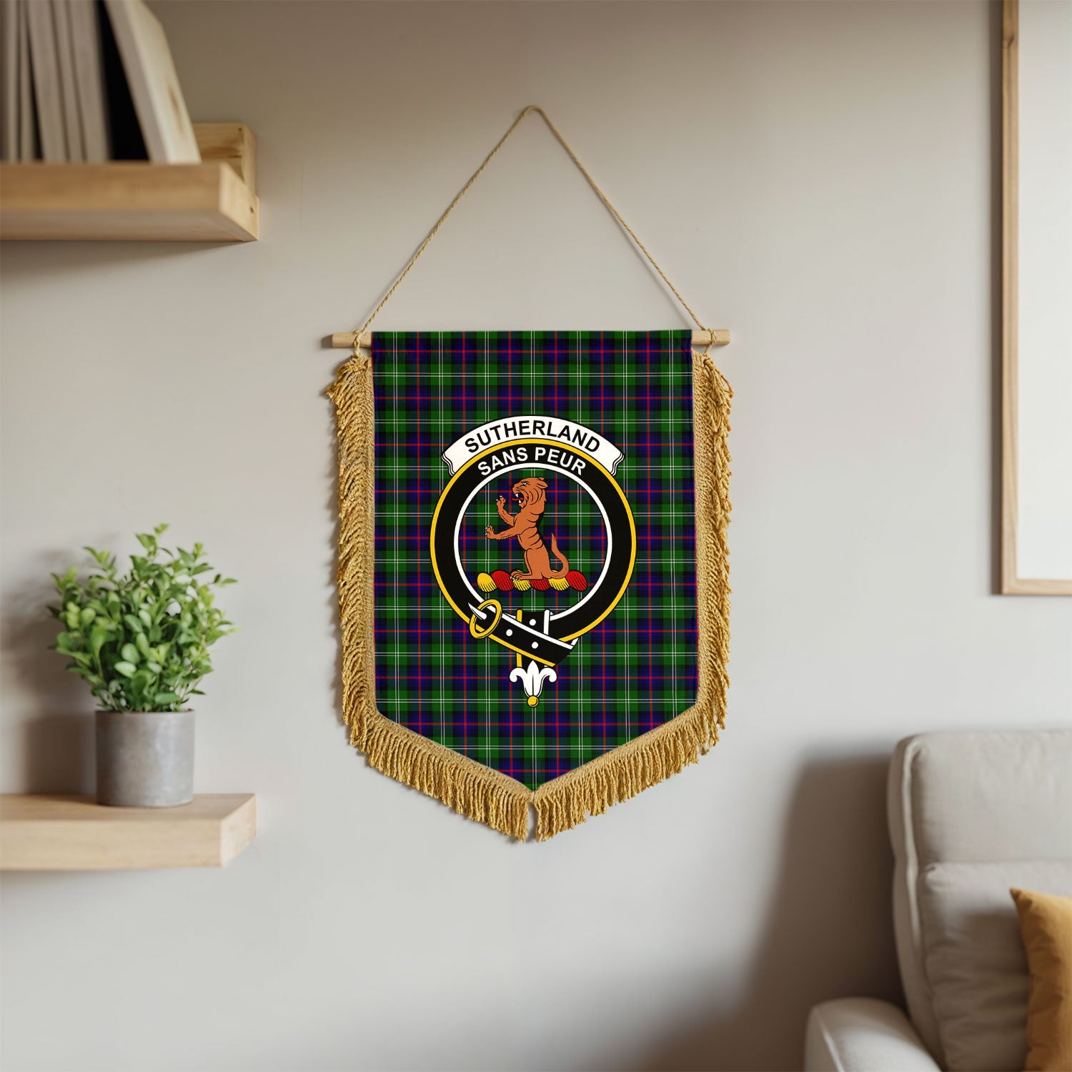 Sutherland Modern Tartan Crest Wall Hanging Banner - Wood Pole