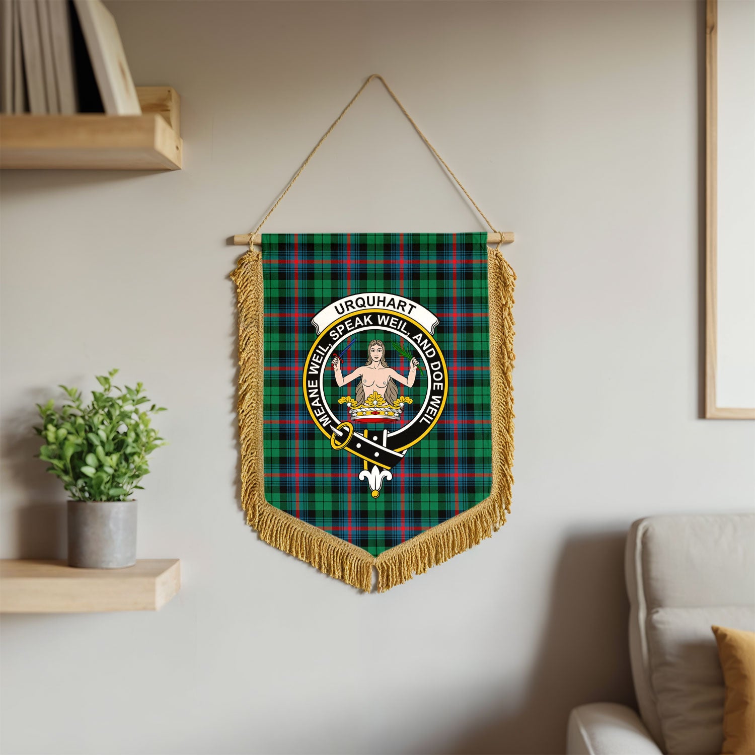 Urquhart Broad Red Ancient Tartan Crest Wall Hanging Banner - Wood Pole