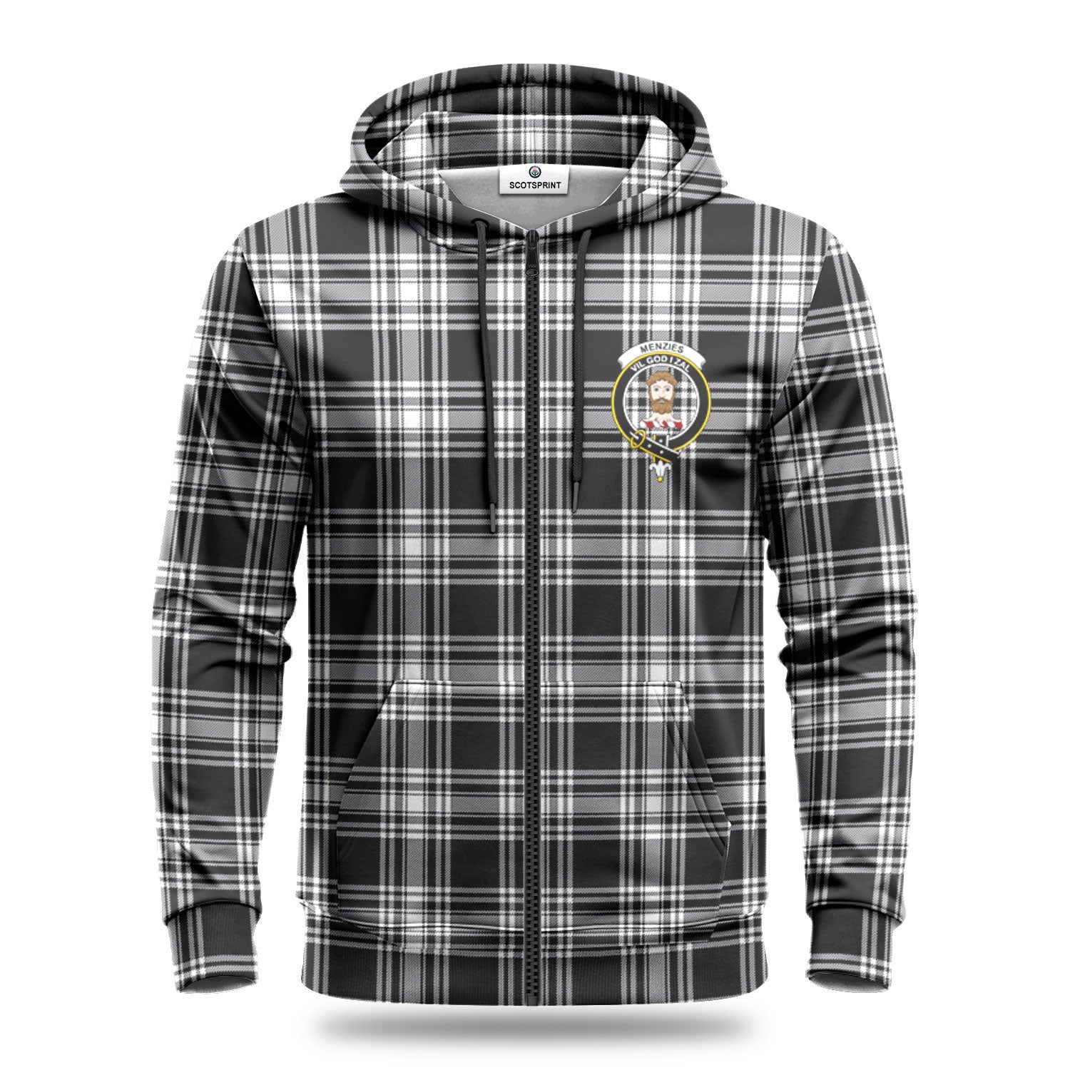 Menzies Black - White Modern Tartan Crest Hoodie