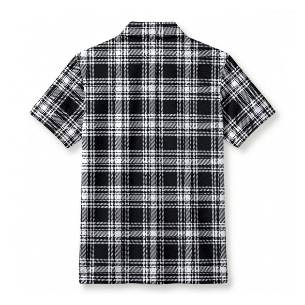 Menzies Black - White Modern Tartan Crest Birdseye Mesh Polo Shirt