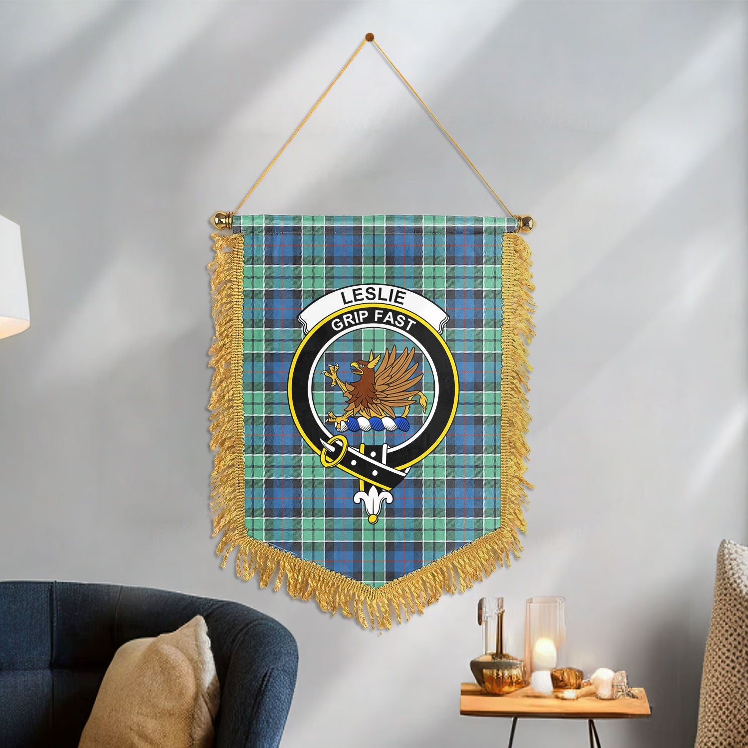 Leslie Hunting Ancient Tartan Crest Wall Hanging Banner