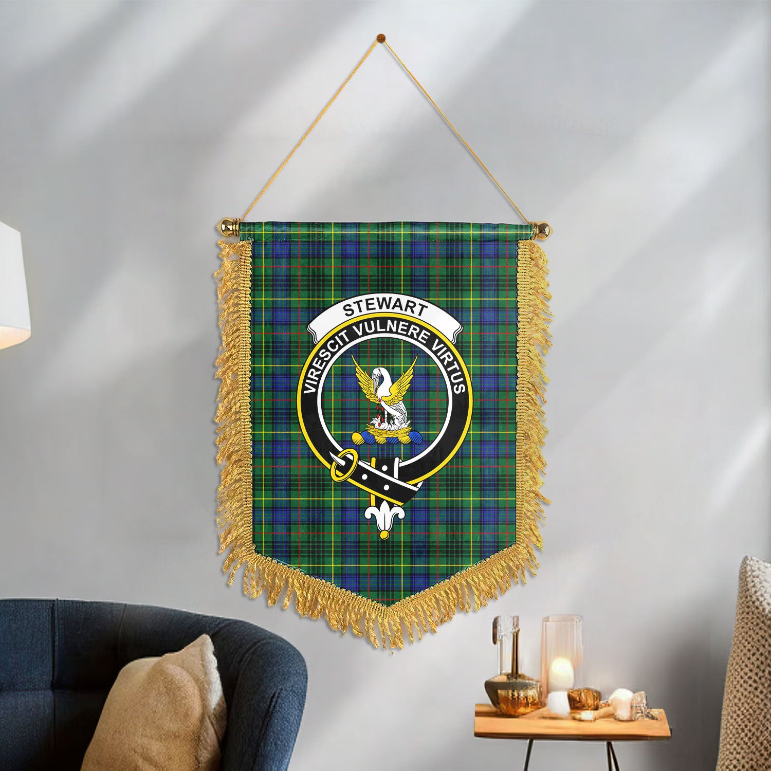 Stewart Hunting Modern Tartan Crest Wall Hanging Banner