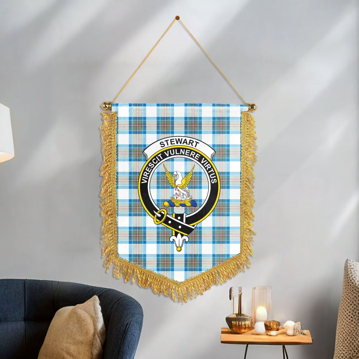 Stewart Muted Blue Tartan Crest Wall Hanging Banner