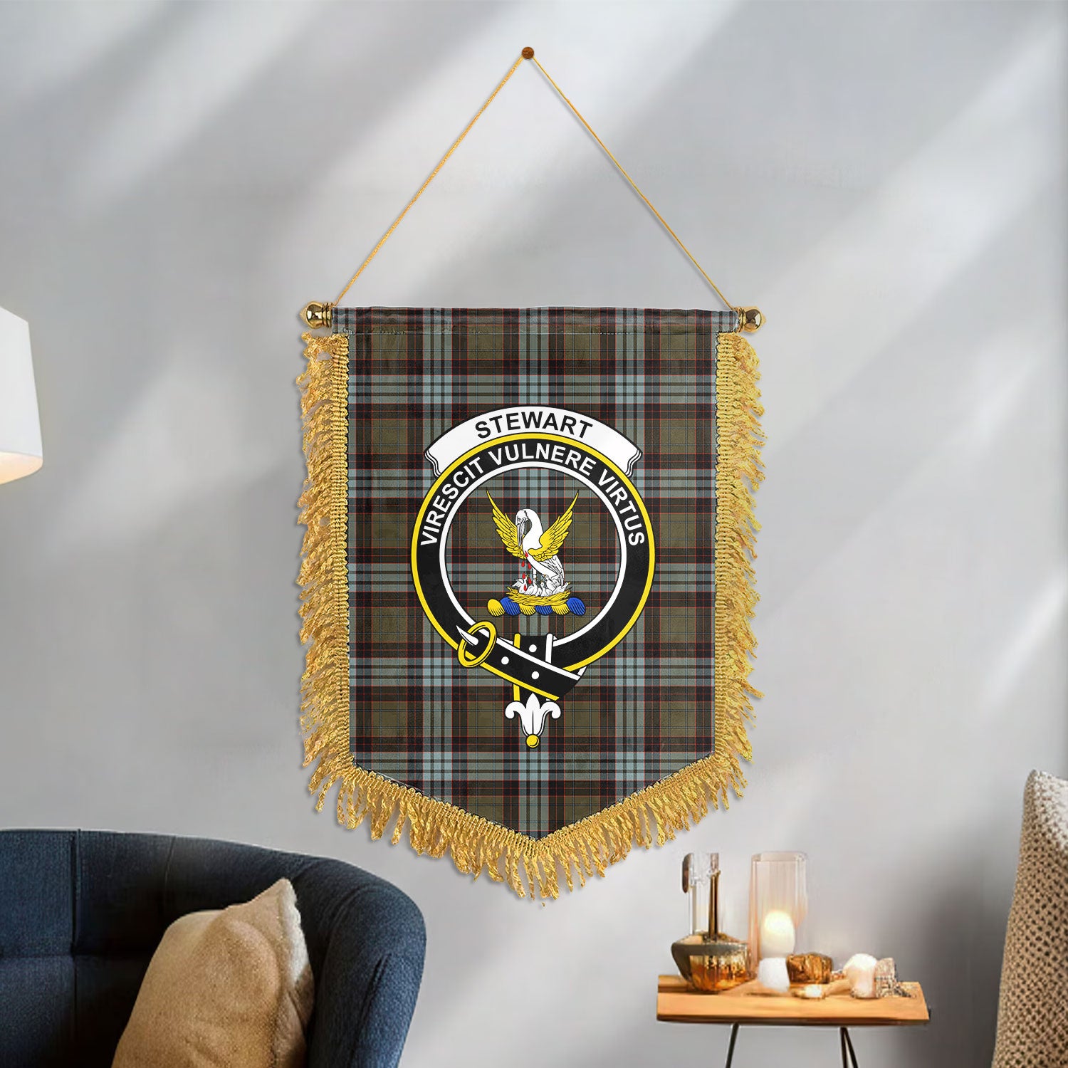 Stewart Old Weathered Tartan Crest Wall Hanging Banner