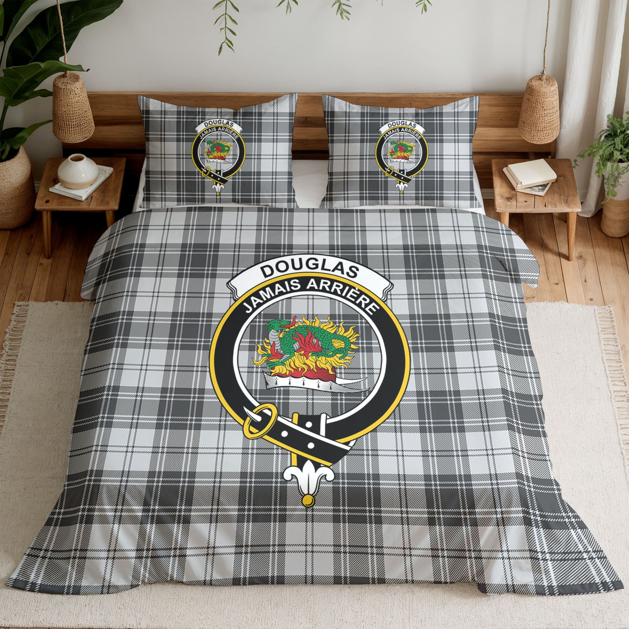 Douglas Grey Modern Tartan Crest Bedding Set