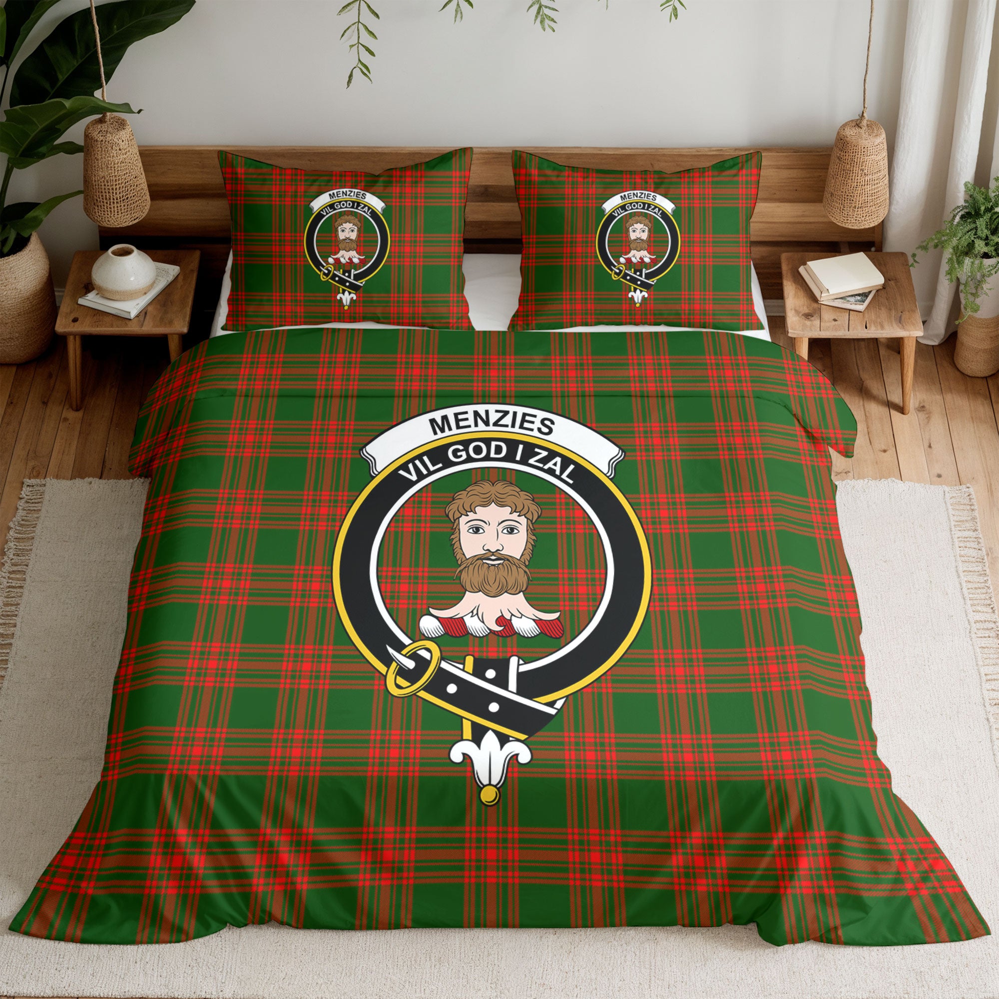Menzies Green Modern Tartan Crest Bedding Set
