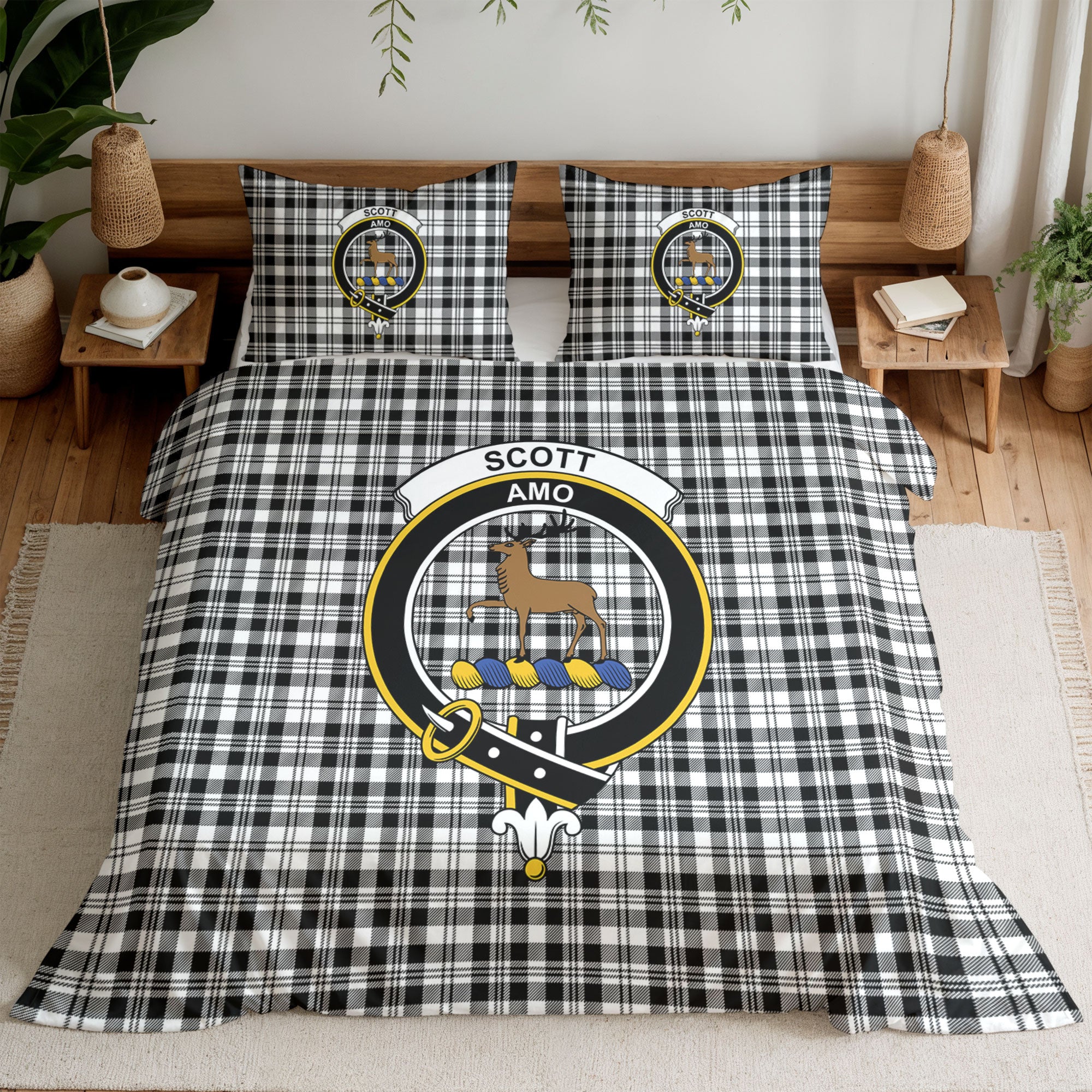 Scott Black & White Modern Tartan Crest Bedding Set