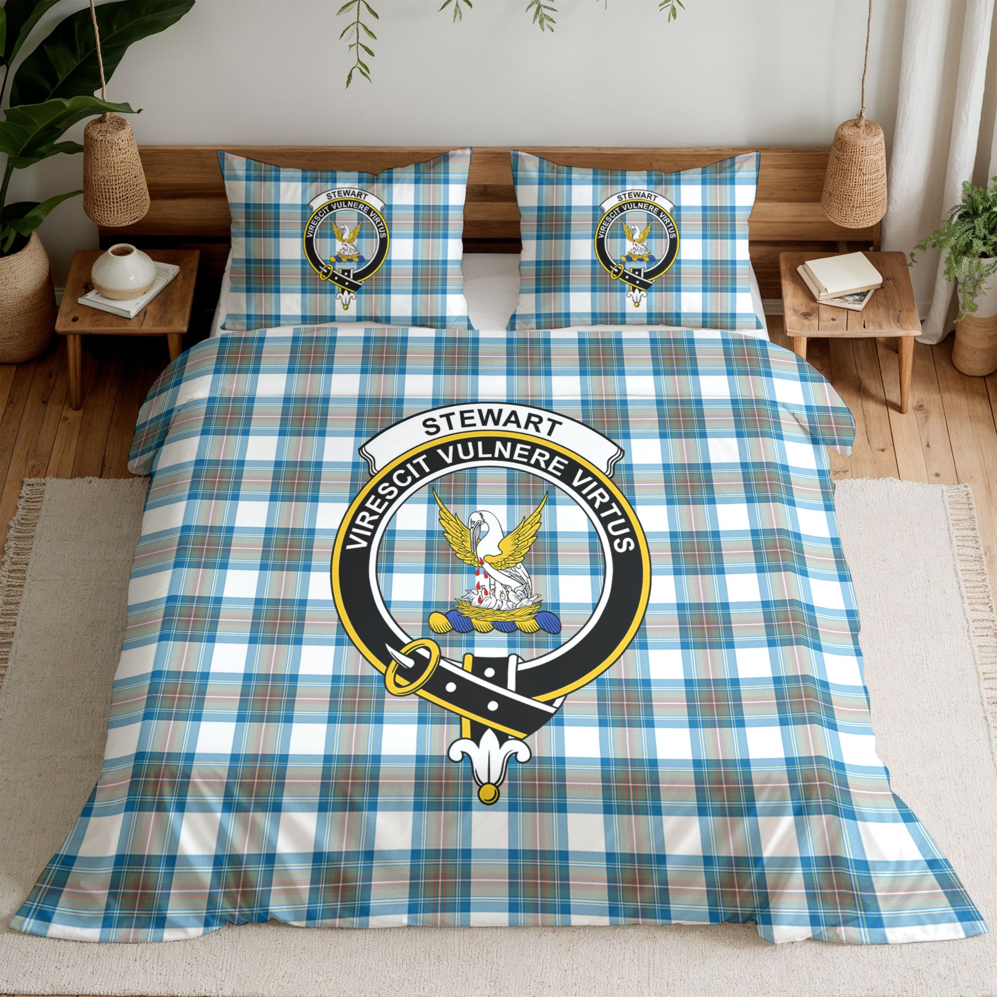 Stewart Muted Blue Tartan Crest Bedding Set