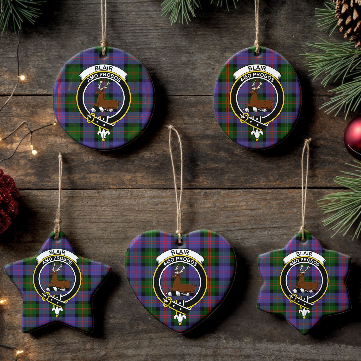 Blair Modern Tartan Crest Christmas Ceramic Ornament