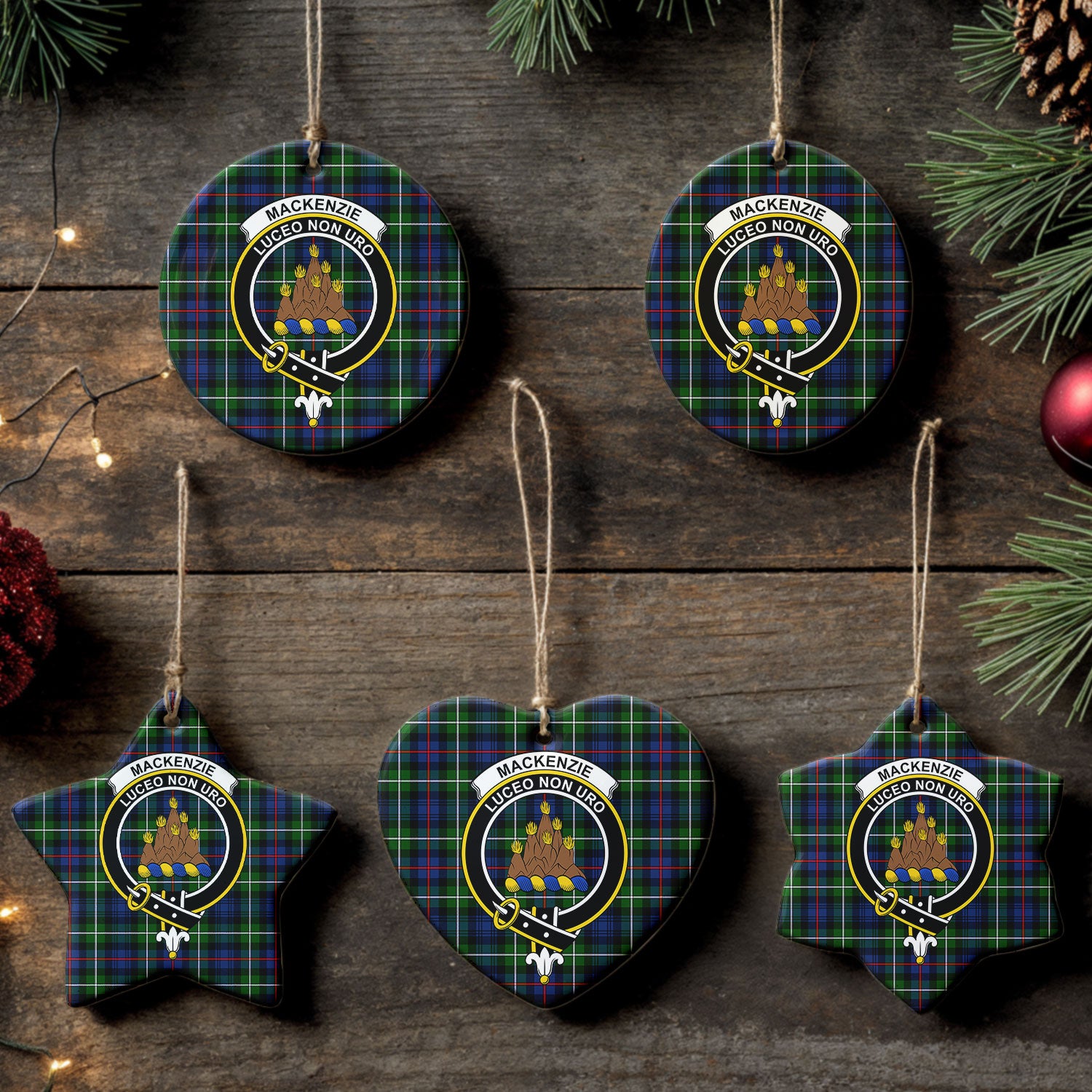 MacKenzie Modern Tartan Crest Christmas Ceramic Ornament