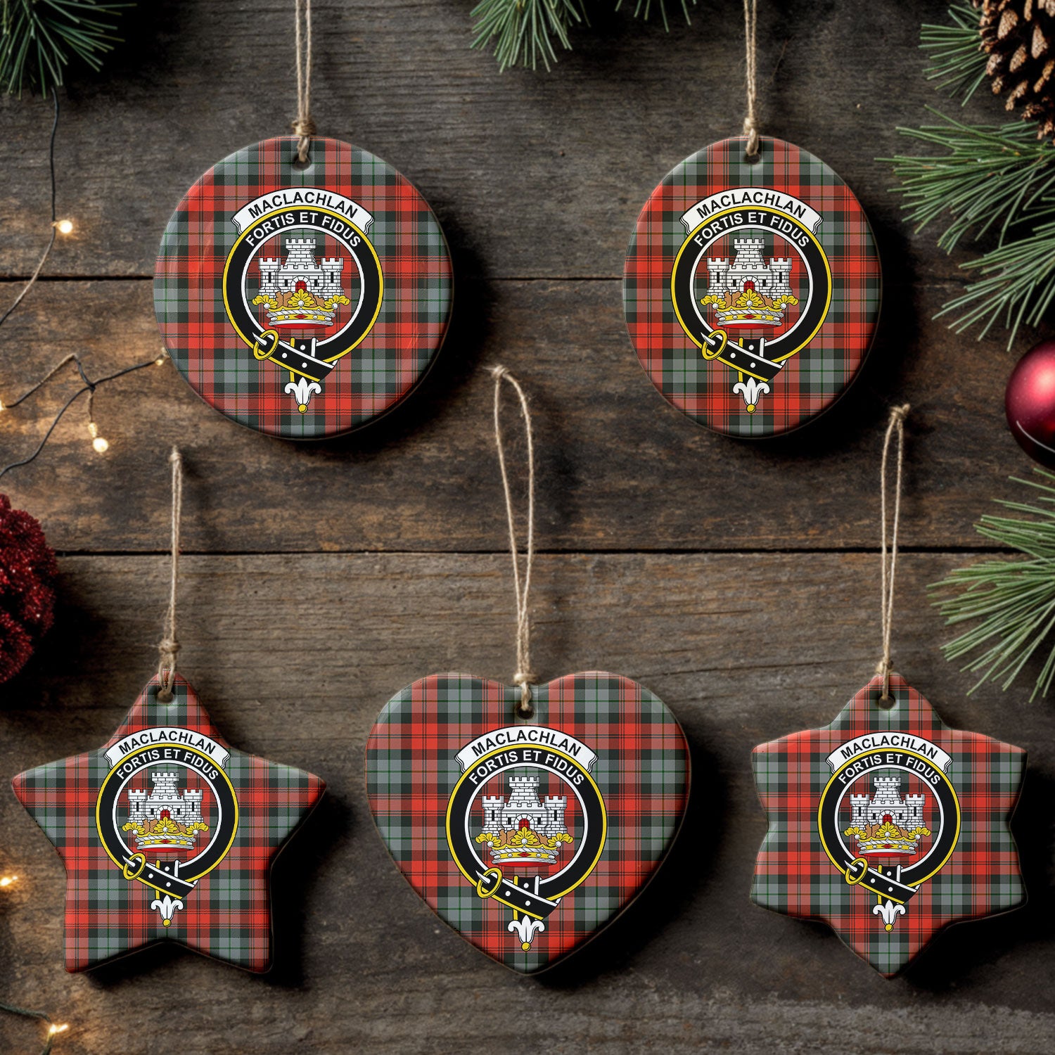 MacLachlan Weathered Tartan Crest Christmas Ceramic Ornament