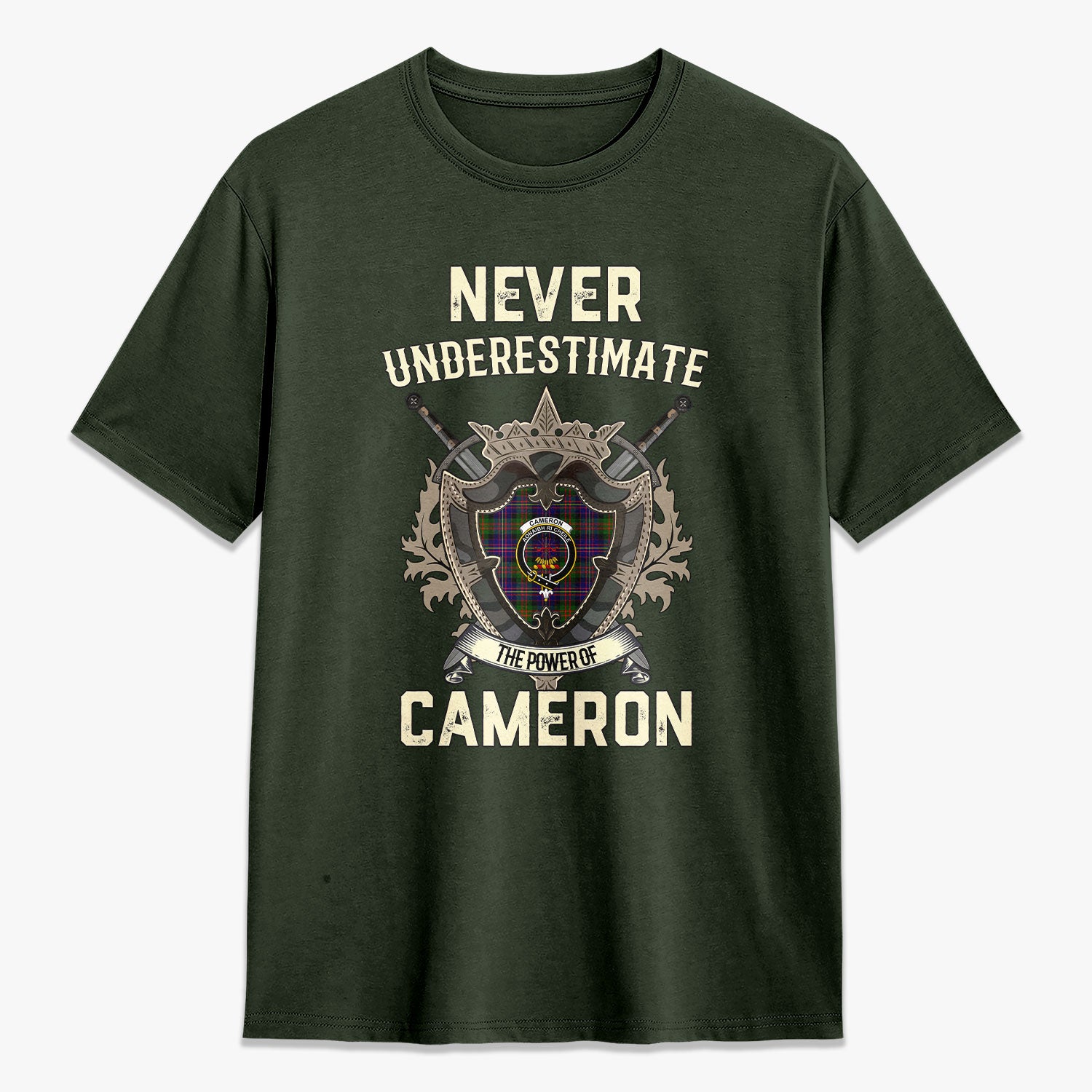 Cameron of Erracht Weathered Tartan Crest 2D T-shirt - Never Underestimate Style