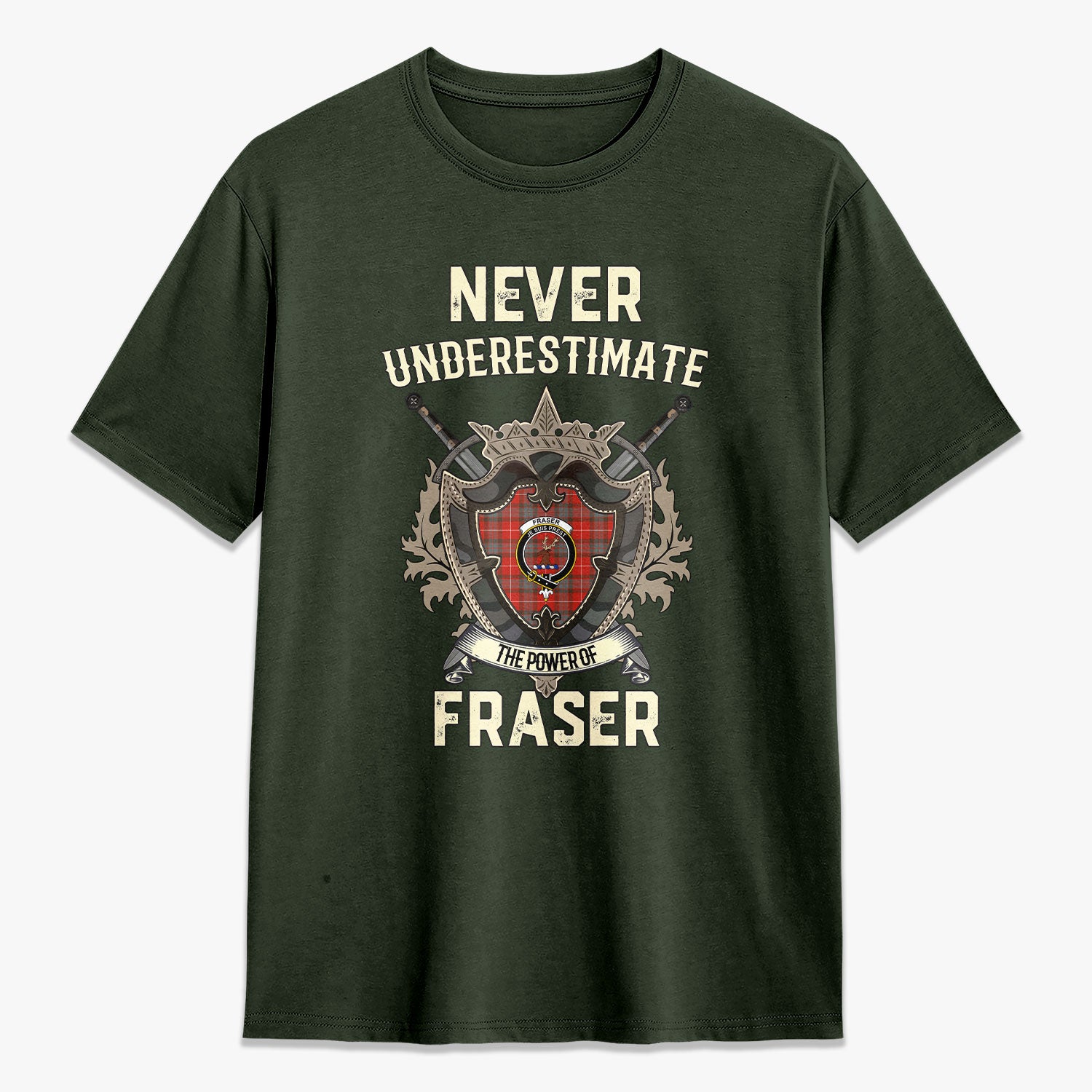 Fraser (of Lovat) Weathered Tartan Crest 2D T-shirt - Never Underestimate Style