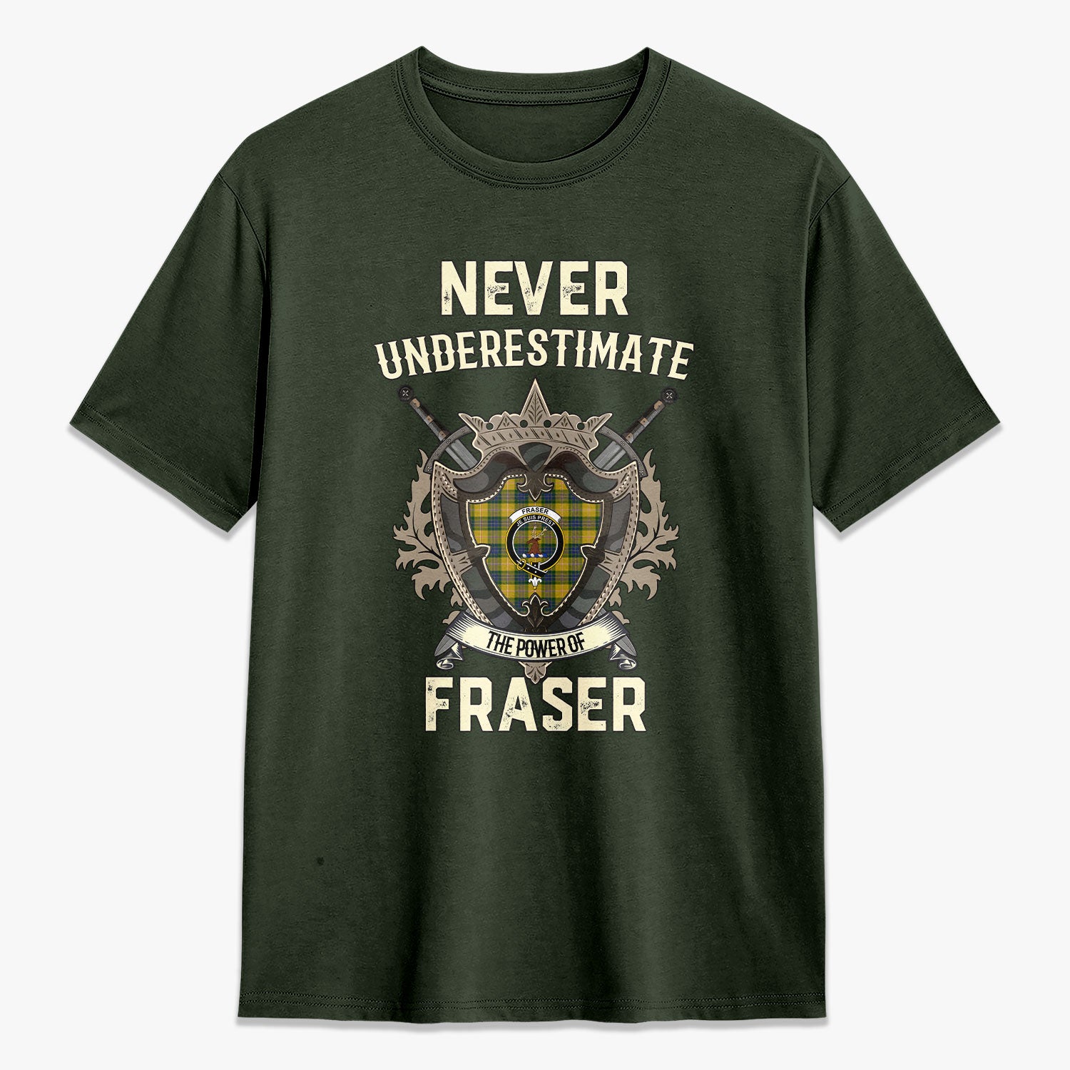 Fraser (of Lovat) Yellow Tartan Crest 2D T-shirt - Never Underestimate Style