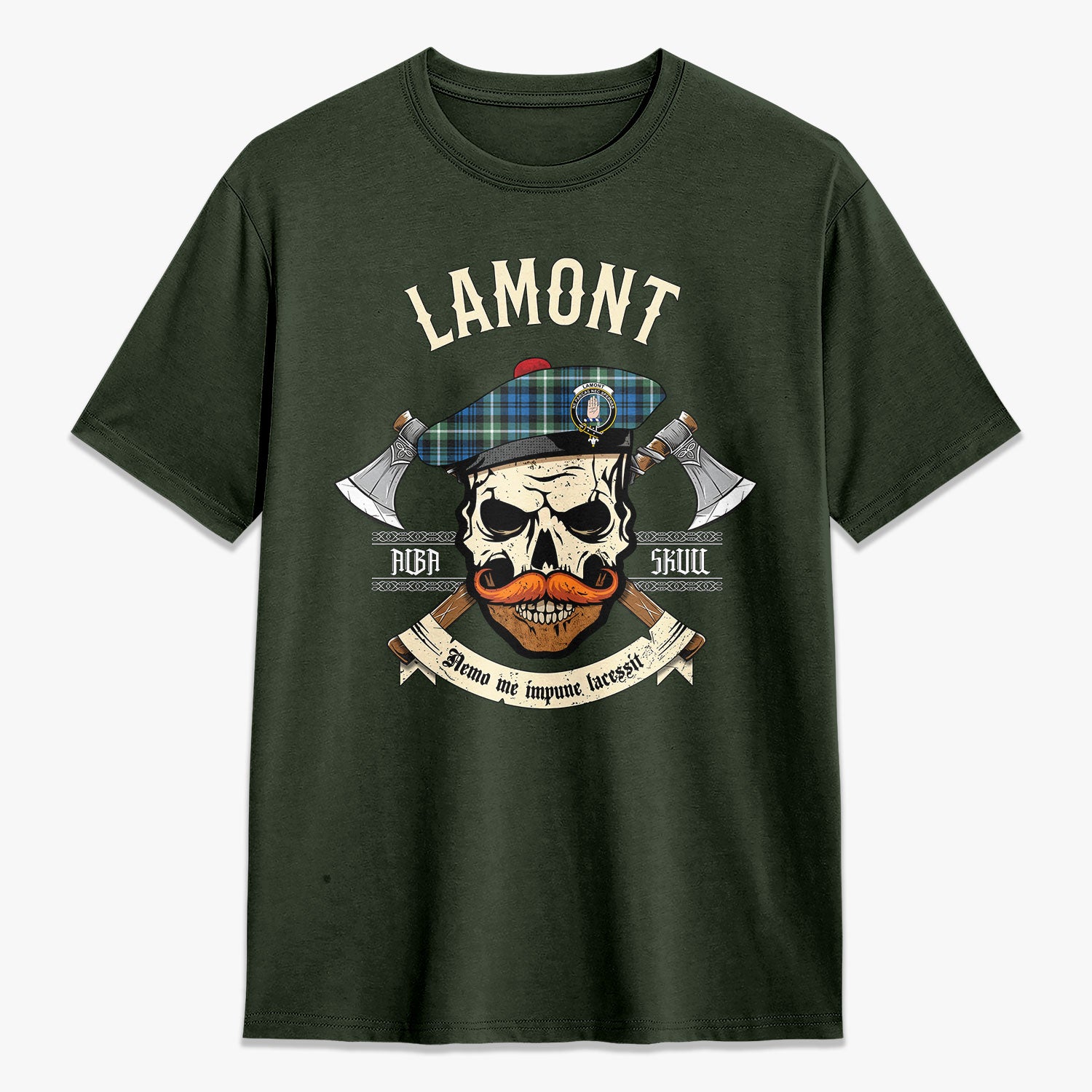 Lamont Ancient Tartan Crest 2D T-shirt - Alba Skull Style