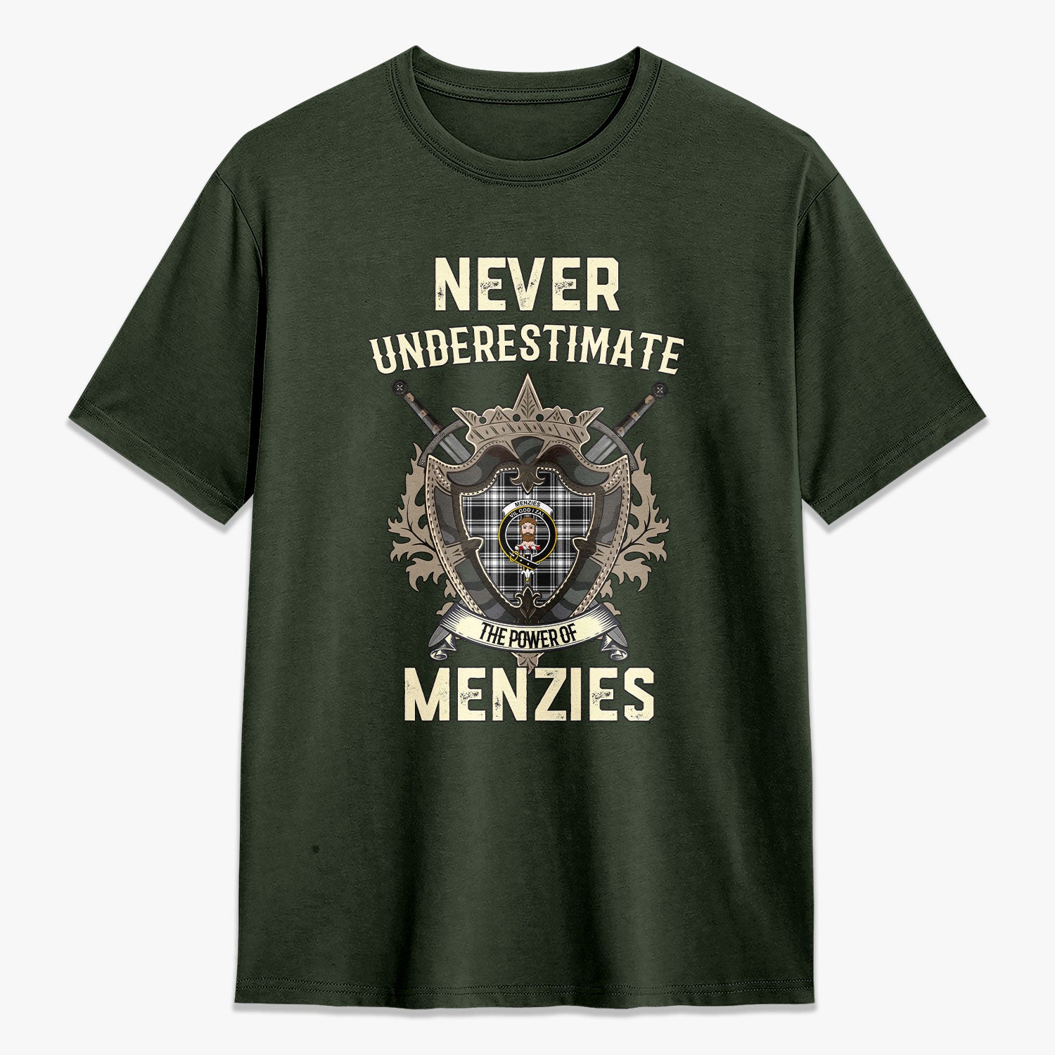 Menzies Black - White Modern Tartan Crest 2D T-shirt - Never Underestimate Style