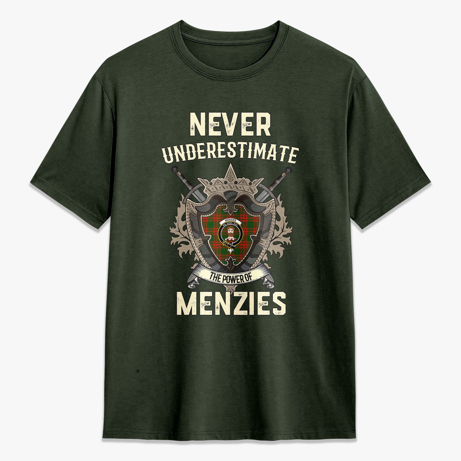 Menzies Green Modern Tartan Crest 2D T-shirt - Never Underestimate Style