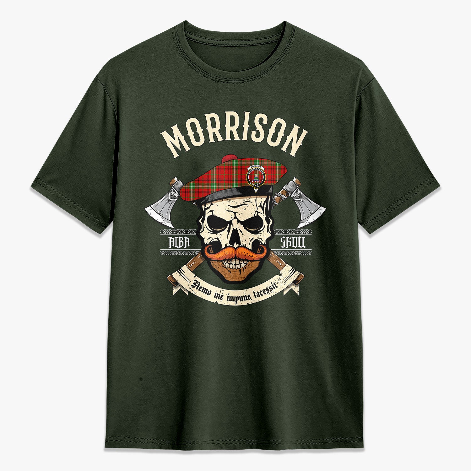 Morrison Red Modern Tartan Crest 2D T-shirt - Alba Skull Style