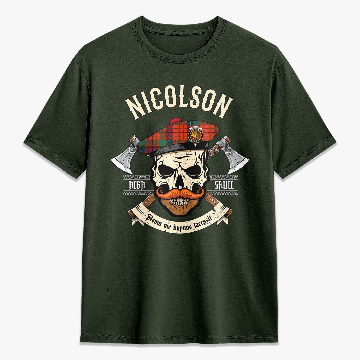 Nicolson Ancient Old Tartan Crest 2D T-shirt - Alba Skull Style